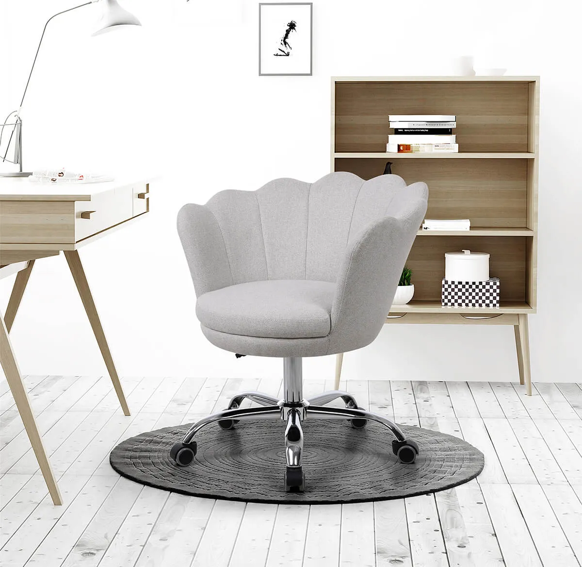 Modern Home Office Chair, Cute Velvet Upholstered Shell Chair Adjustable Swivel Vanity Chair for Women, Beige