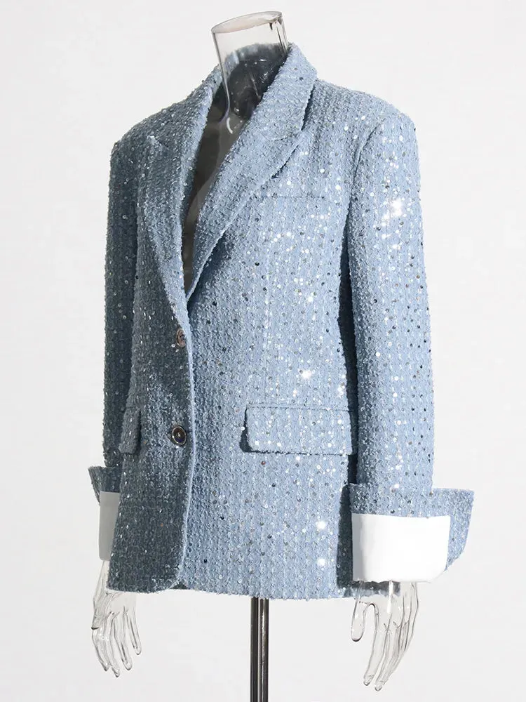Solid Patchwork Sequins Casual Blazers For Women Notched Collar Long Sleeve Spliced Button Blazer Female Fashion